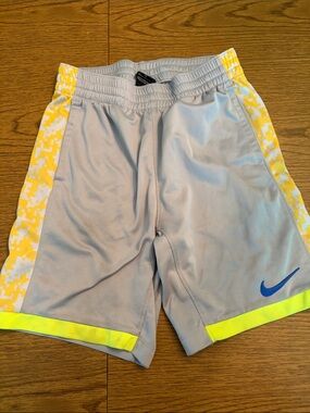 Nike Boys Gray Shorts with Yellow Panels and Blue Swoosh